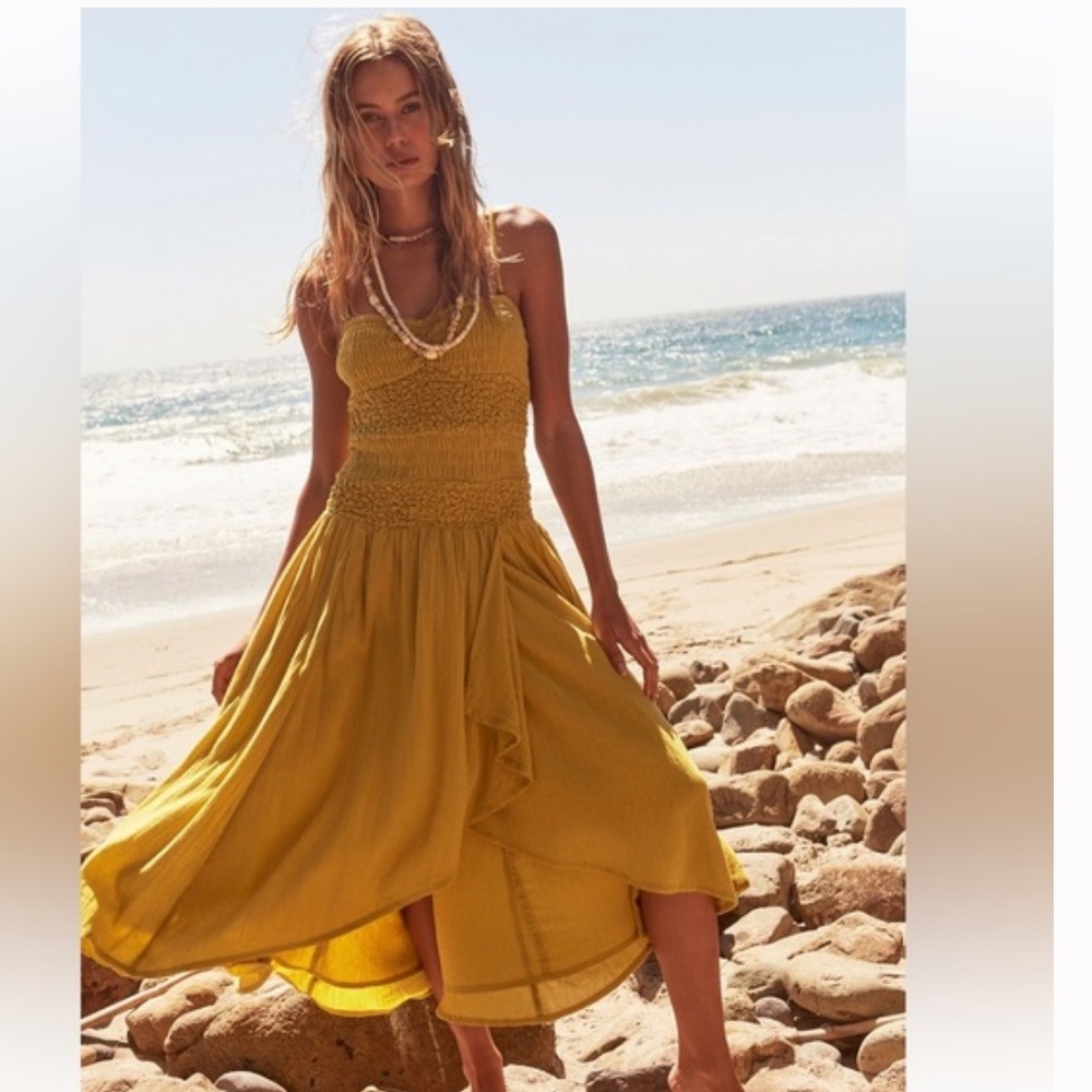Free People Warm Olive Sparkling Drop-Waist Moment Midi Dress